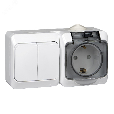 ЭТЮД Блок Выключатель двухклавишный/Розетка наружная с заземлением со шторками IP44 белый