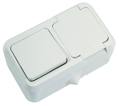 Блок: выключатель одноклавишный + розетка с крышкой белый полугерметичный