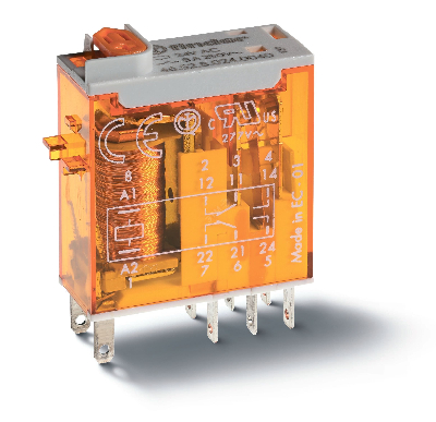 Реле электромеханическое промышленное миниатюрное, монтаж в розетку или наконечники Faston (2.5х0.5мм), 2СO 8A, контакты AgNi, катушка 24В DC, влагозащита RTII, опции: кнопка тест + мех.индикатор