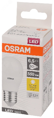 Лампа светодиодная LED Base Шарообразная 6,5 Вт (замена 60 Вт), 550Лм, 3000К, цоколь E27 OSRAM