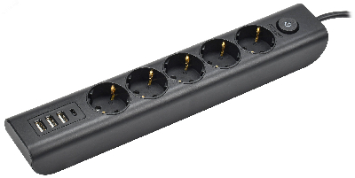 MODERN Удлинитель У05В 5 розеток с заземляющим контактом + USBх4 2м 3х1мм2 16А/250В черный
