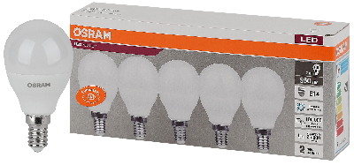 Лампа светодиодная LED 7 Вт E14 6500К 560Лм шарик 220 В (замена 60Вт) OSRAM упак 5 шт