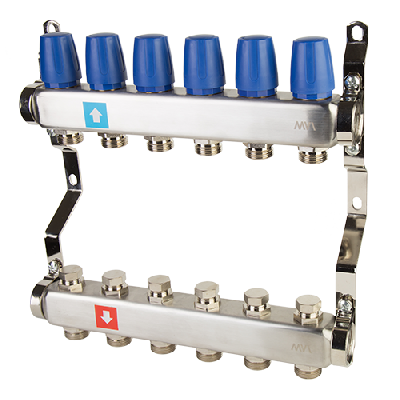 Коллекторная группа с ручными регулировочными клапанами 1' х 6 выходов 3/4' НР евроконус