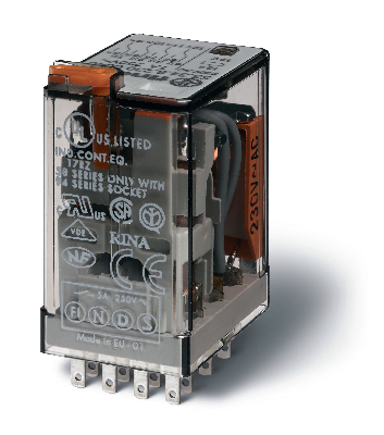 Реле электромеханическое универсальное миниатюрное, монтаж в розетку, 4CO 7A, контакты AgNi, катушка 24В АC, степень защиты RTI, опции: кнопка тест + мех.индикатор